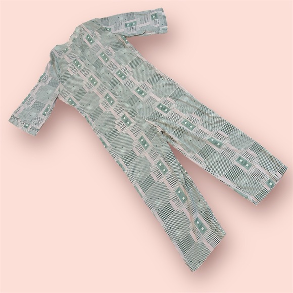 FRENCH MAUVE PINK AND GREEN GEOMETRIC JUMPSUIT WITH WAIST TIE SZ MEDIUM - Picture 6 of 6